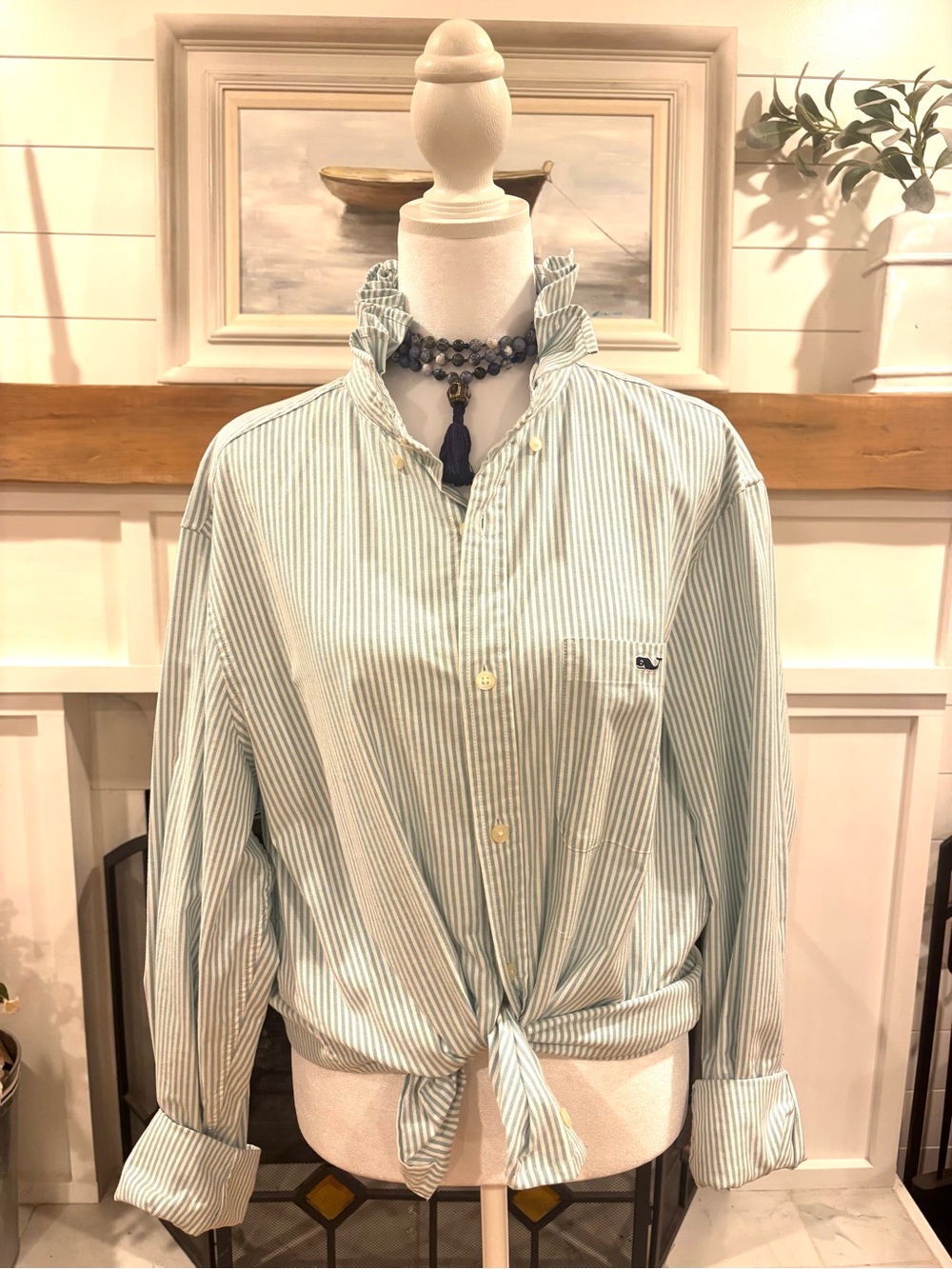 Custom Vineyard Vines, ruffle collar shirt, green stripe